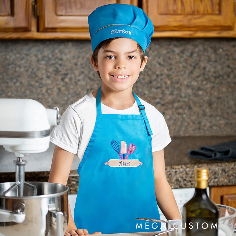 Personalized Kids Cooking Apron Embroidered Kitchen Apron with Name for Kids Baking Tools Adjustable Apron Chef Hat Set for Kids Cooking Lovers