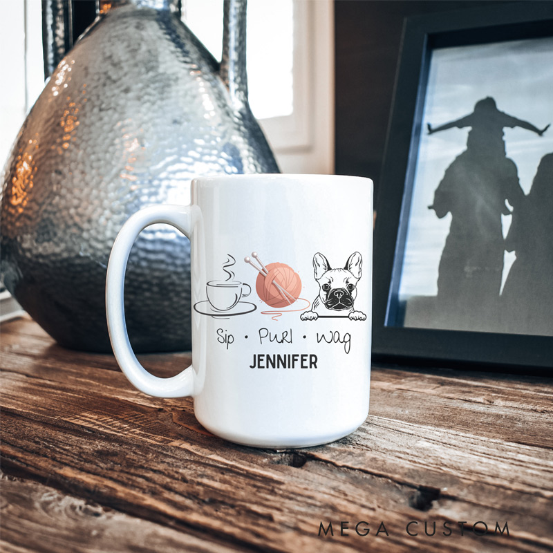 Personalized Coffee Frenchie Knitting Mug Ceramic 15oz Birthday Knitting Gift For Her Knitting Coffee Mug Gift For Knitter Dog Lover