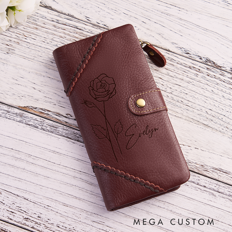 Personalized Leather Wallet For Her Birth Flower Wallet with Name Engraved Wallet For Women Leather Purse Birthday Gift For Her Gift For Mother Bridesmaid Gift Christmas Gift