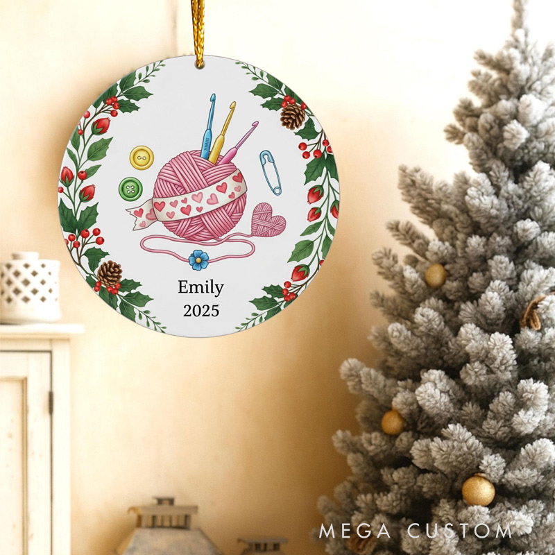 Personalized Crochet Christmas Ornament 2025 Yarn Ball Hooks and Holly Design Gift for Knitters Crafters and Crochet Lovers