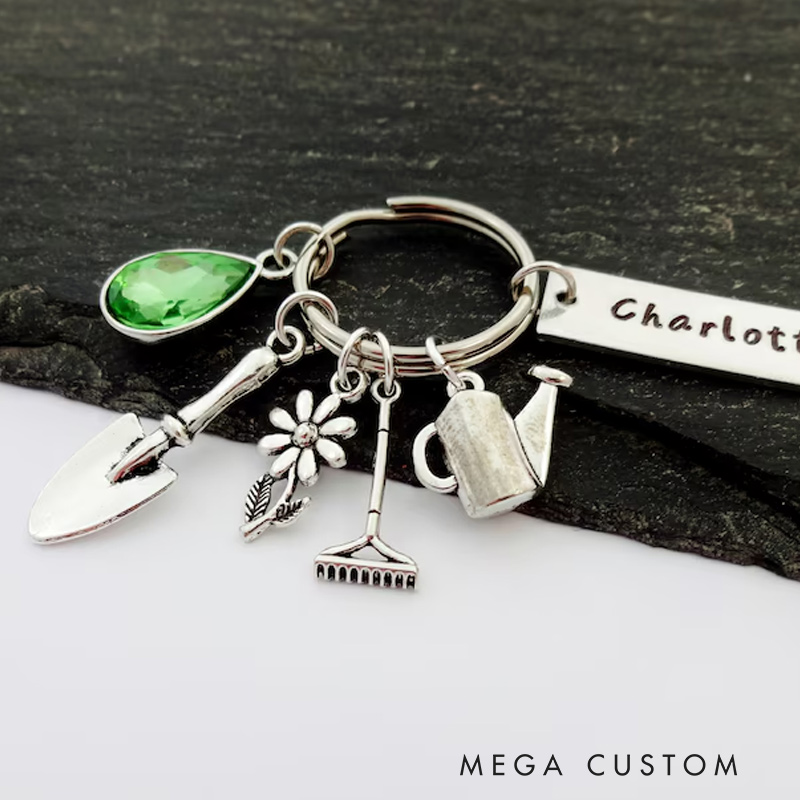 Personalised Gardening Birthstone Keyring Gift for Gardener Garden Gifts Name Flower Charm Keychain Gift for Florist