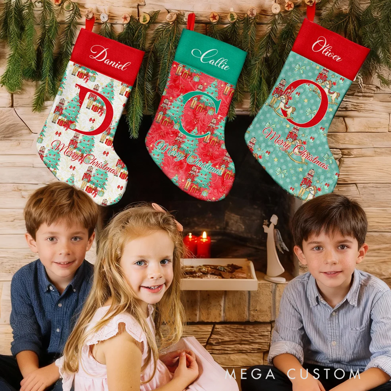 Personalized Christmas Tree Multiple Pattern Nutcracker Stocking with Name and Initial Christmas Gift for Kids