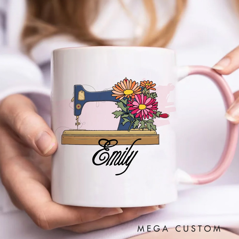 Personalized Birth Flower Sewing Machine Ceramic Coffee Mug with Name Home Kitchen Decor Birthday Gift for Mom Grandma Sewing Enthusiast
