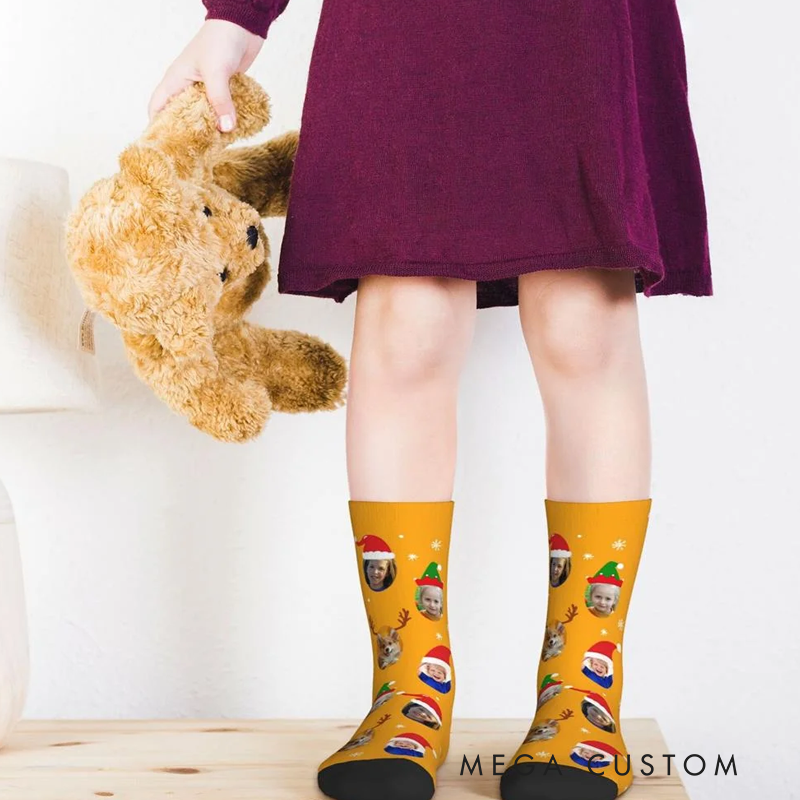 Personalized Funny 1 - 4 Face Photo Design Soft Crew Socks with Santa Hat Elk Snowflake Elements Christmas Gift