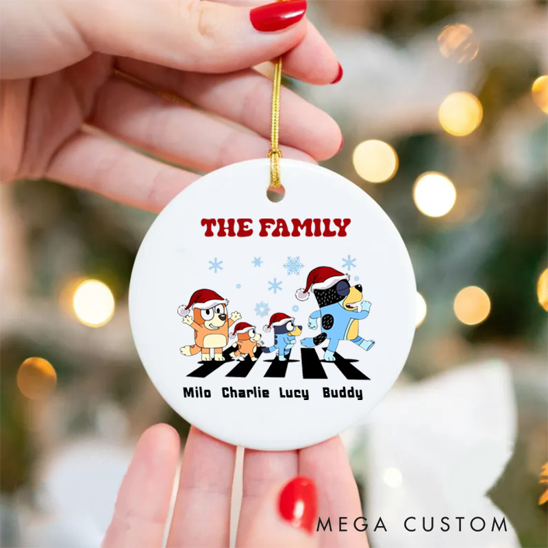 Personalized Name Christmas Ornament Cartoon Dog Family With Santa Hats Merry Christmas Holiday Sign