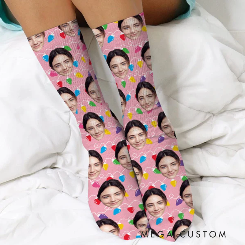 Personalized Photo With Colorful Christmas Lights Socks