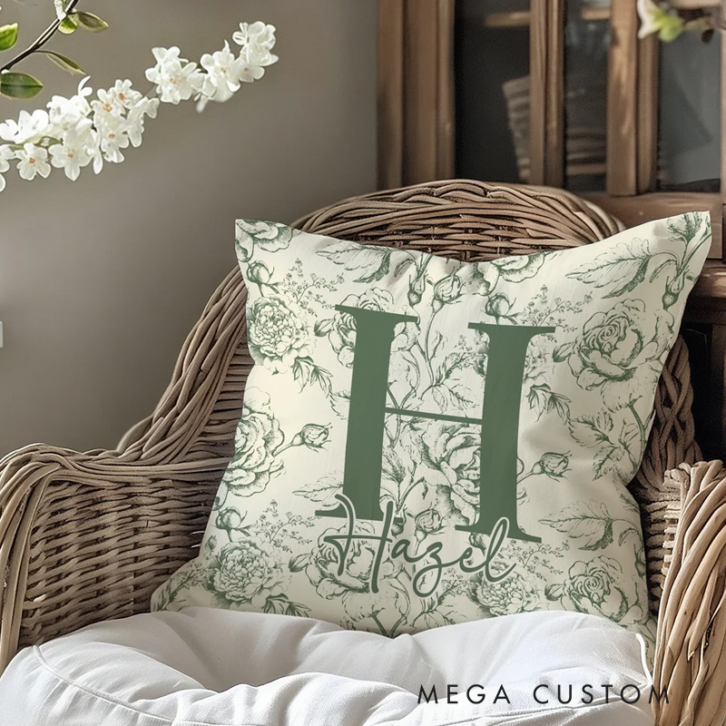 Personalized Toile De Jouy Floral Initial Soft Throw Pillow Cover with Name Home Decor Birthday Christmas Gift