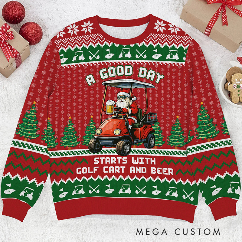 Personalized "A Good Day Starts with" Christmas Sweatshirt for Golf and Beer Lovers 