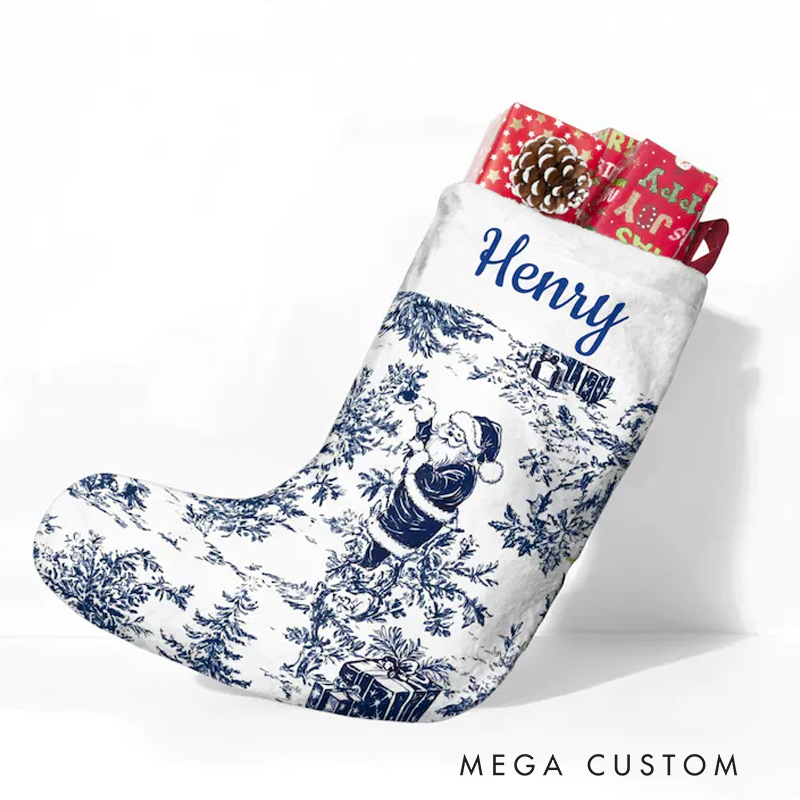Personalized Blue Toile Christmas Stocking Custom Vintage Toile De Jouy Name Stockings Holiday Decor Gift