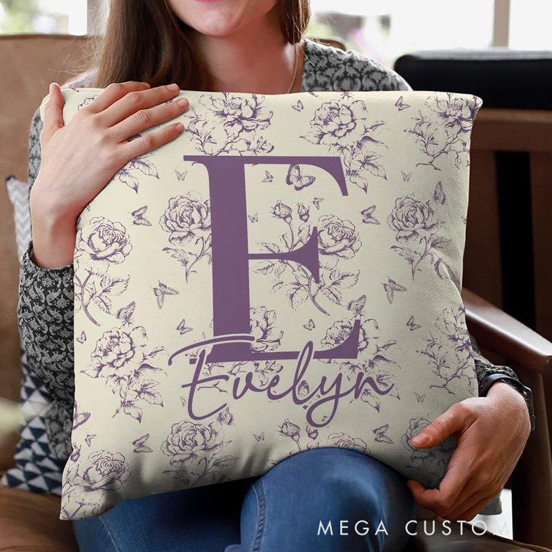 Personalized Pillow Cover with Floral Toile de Jouy Pattern Initial and Name Home Decoration Christmas Birthday Gift for Women