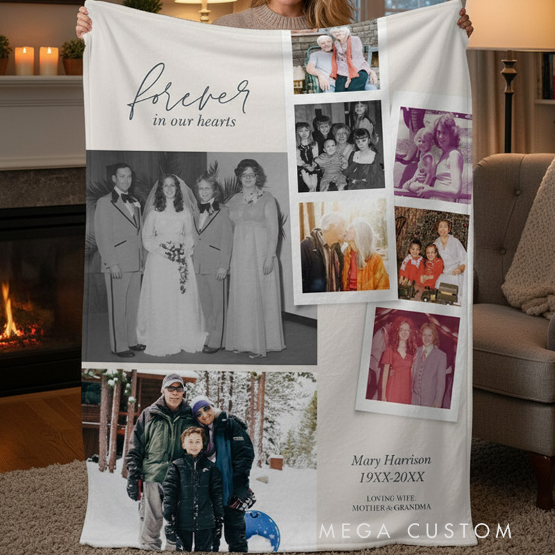Personalized Memorial Filmstrip Fleece Photo Blanket Forever in Our Heart Sympathy Blanket for Family