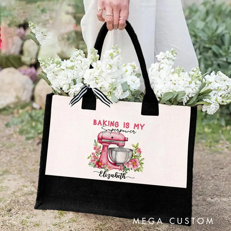 Personalized Baking is My Superpower Tote Bag with Name Baking Floral Mixer Bag Gift for Baker Mom Her Grandma Mom Chef Tote Bag for Baking Lovers