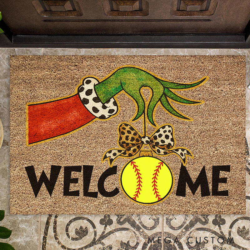 Personalized Grinch Themed Welcome Doormat with Soccer and Bow Design 