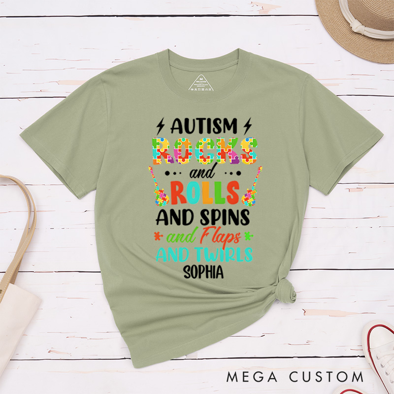 Personalized Autism Rocks and Rolls Spins Flaps and Twirls Shirt Funny Autism Awareness Month Gift