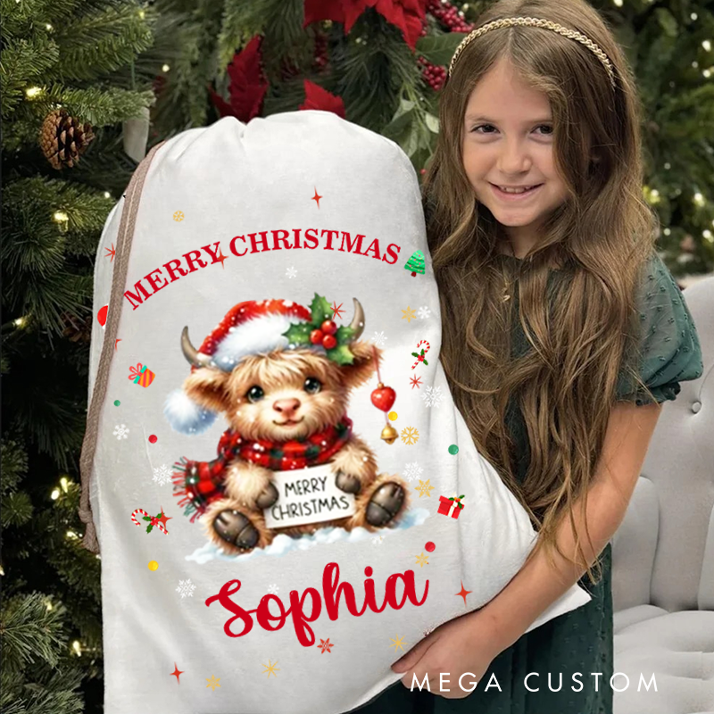 Personalized Cartoon Christmas Hat Highland Cow Christmas Bag with Name Christmas Gift for Family Friends