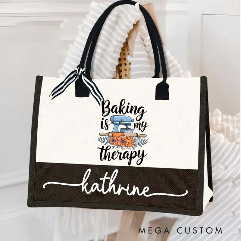 Personalized Baking Is My Therapy Tote Bag with Name Floral Canvas Bag for Her Baker Mom Grandma Mom Chef Tote Bag for Baking Lovers