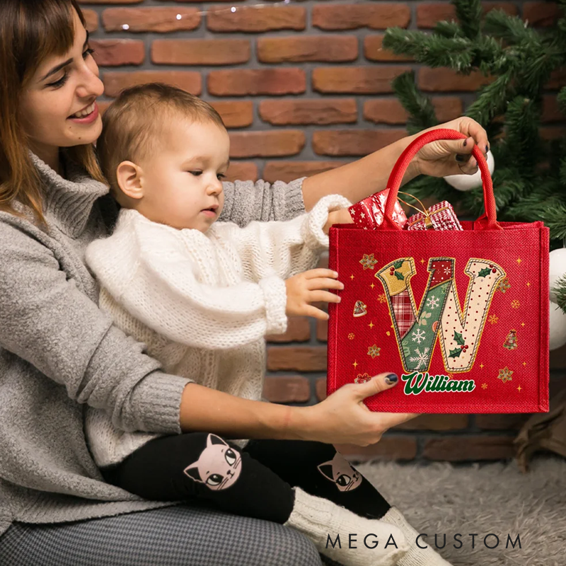 Personalized Stitching Style Initial Large Capacity Red Jute Tote Bag with Name Christmas Party Gift for Kids Women