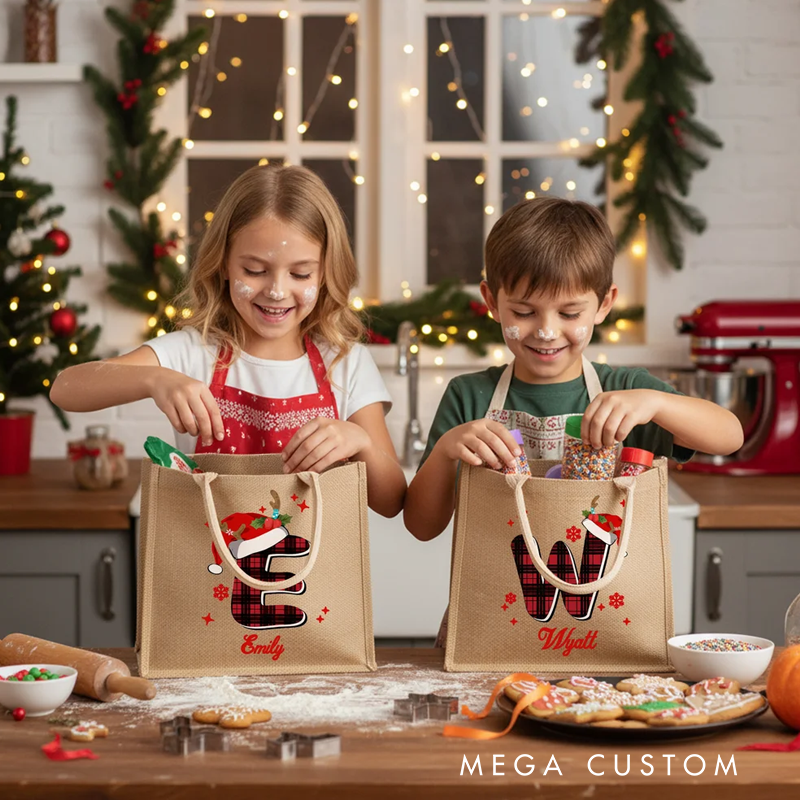 Personalized Santa Hat Red Plaid Initial Jute Tote Bag with Name Christmas Party Gift for Kids Family