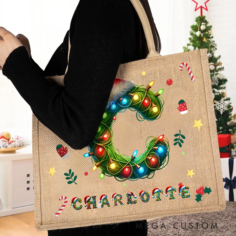 Personalized Christmas Lights Santa Hat Large Capacity Jute Tote Bag with Initial and Name Daily Use Christmas Party Gift for Kids Adults