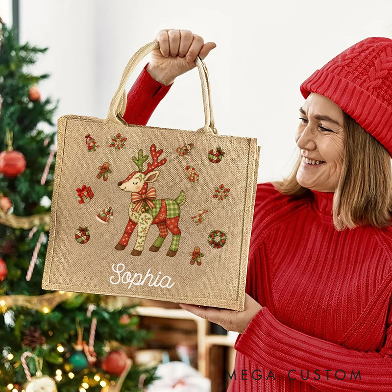 Personalized Patchwork Element Christmas Tree Santa Claus Large Jute Tote Bag with Name Christmas Gift for Family Kids