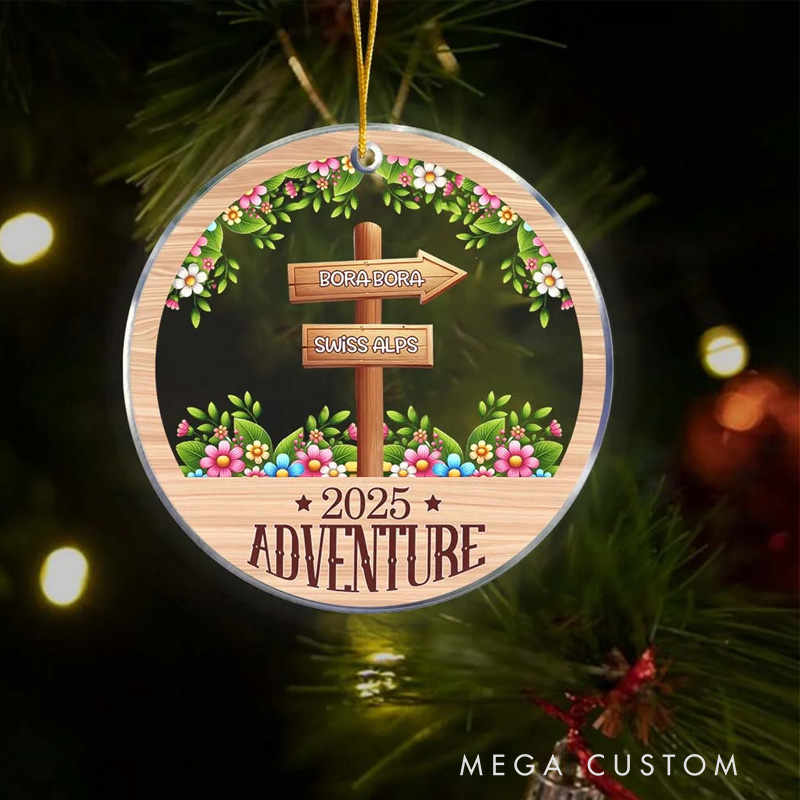 Personalized Adventure Signposts Flower Acrylic Hanging Ornament with Year and Travel Destinations Christmas Birthday Gift for Travel Adventure Lovers