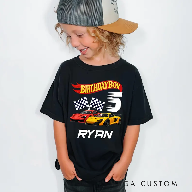 Personalized Race Car Birthday Shirt for Boys Custom Name Age Toddler Tee Gift for Boy Hot Car Kids Outfit Racing Birthday Shirt