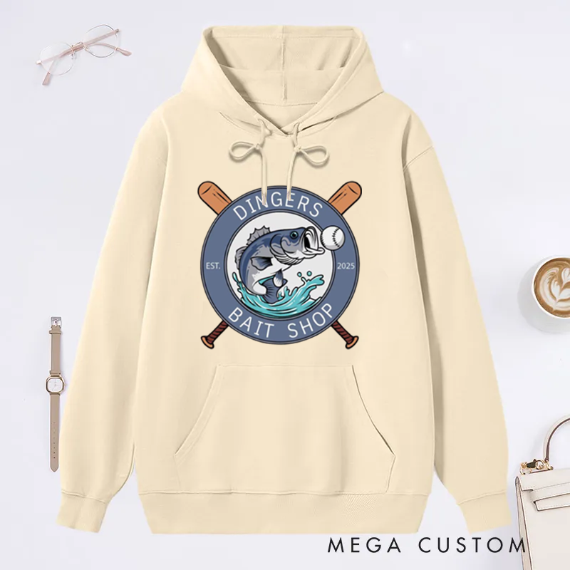 Personalized Dingers Bait Shop Hoodie Funny Fishing Sweatshirt Boys Baseball Gifts Unique Fish and Baseball Design Perfect Gift for Fishing Enthusiasts