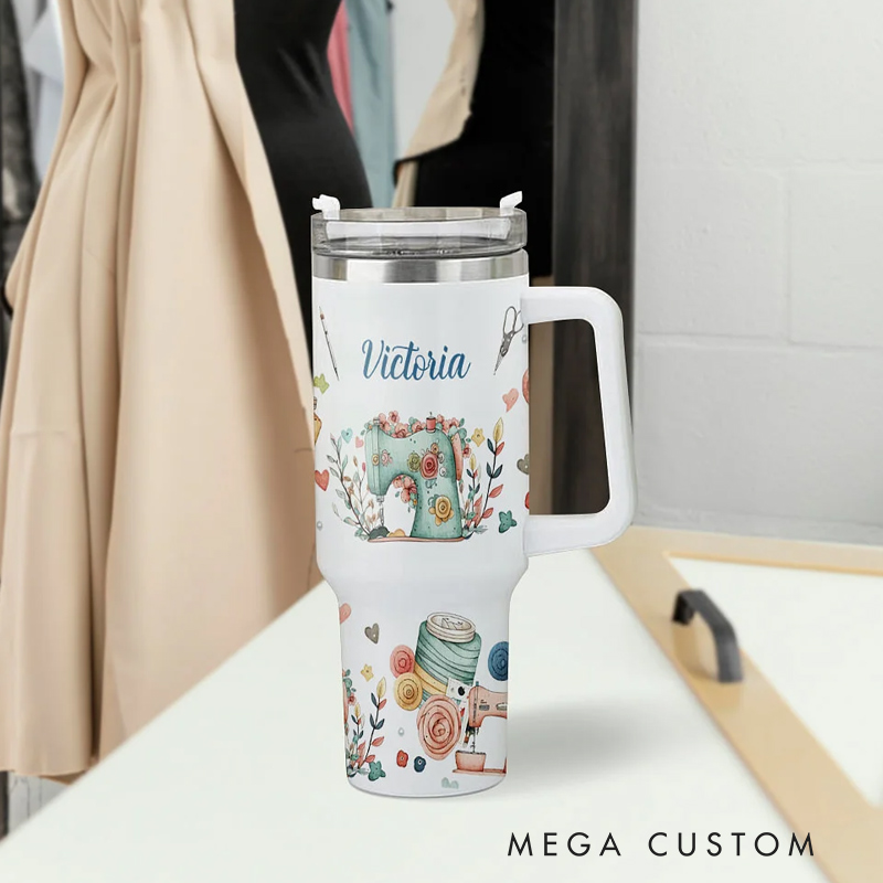 Personalized Sewing Theme 40oz Food Grade Stainless Steel Tumbler with Name Birthday Mother's Day Knitting Gift for Sewing Lover