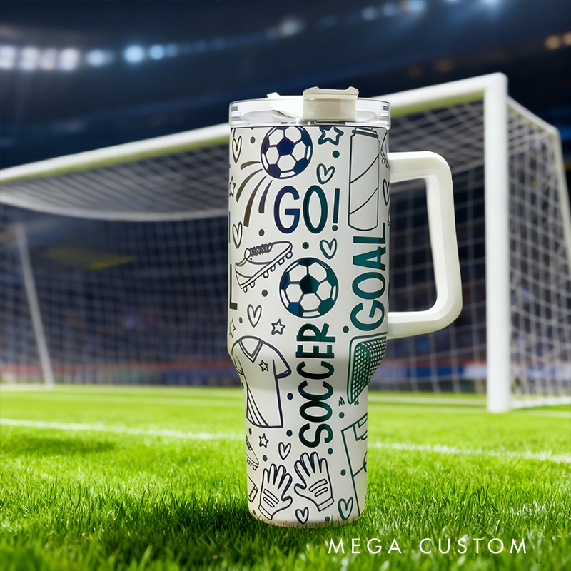 Personalized Soccer Travel Mug with Fun Doodle Design Perfect for Fans on the Go