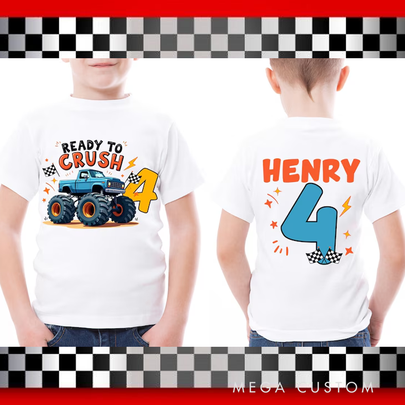 Personalized Birthday Truck Shirt 4th Birthday Boy T-Shirt Kids Race Car Birthday Party Ready To Crush Custom Age Shirt