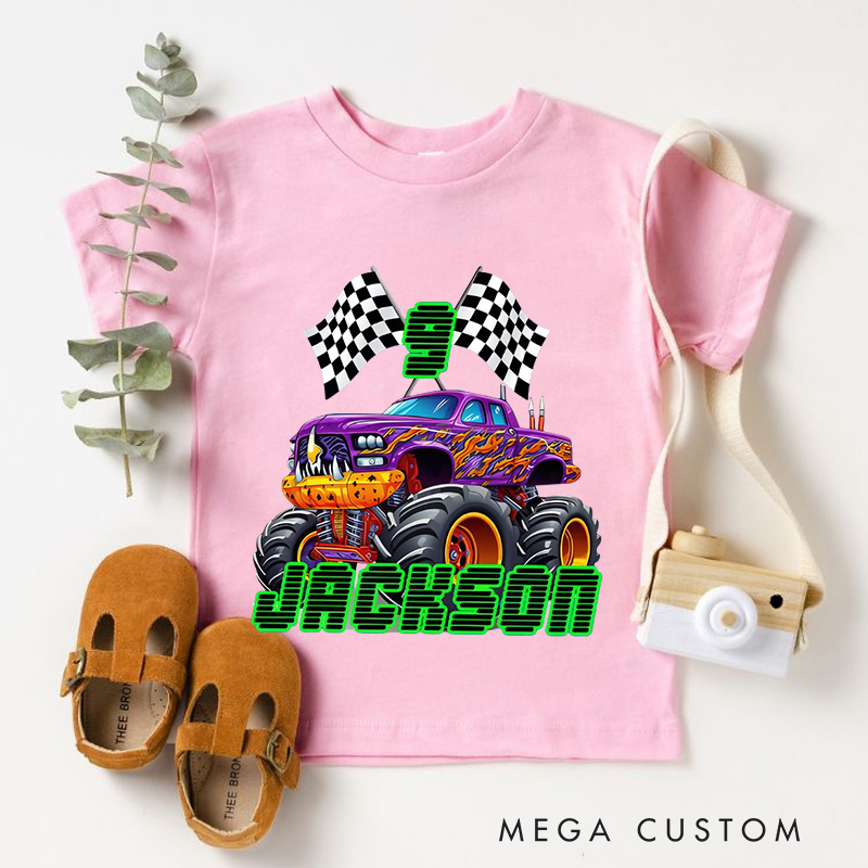 Personalized Big Wheel Off-Road Truck Multicolor Kid's T-shirt Sweatshirt Hoodie with Age and Name Birthday Christmas Gift for Kids