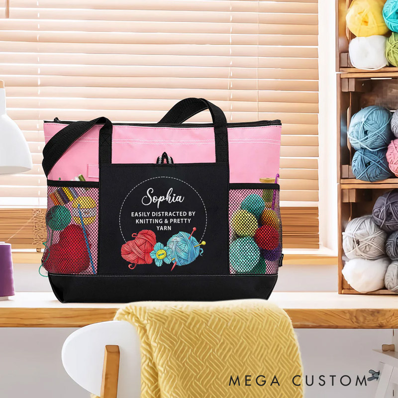 Personalized Easily Distracted By Knitting And Pretty Yarn Tote Bag Gift For Crocheter And Knitter