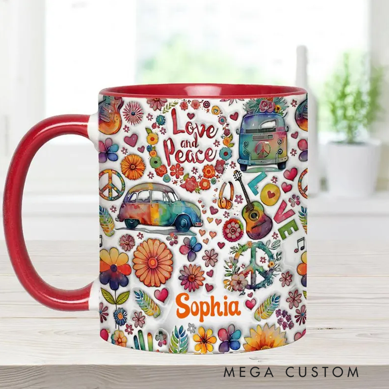 Personalized Hippie Accent Mug Love and Peace Accent Mug Flower Van Guitar Peace Sign Coffee Mug Ceramic Mug Custom Mug