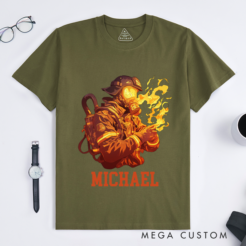 Personalized Firefighter T-Shirts Custom Firefighter Flames Graphic Design T-Shirt Firefighter Dad Gift