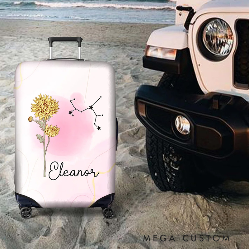 Personalized A Girl Who Really Loved Traveling Birth Flower Constellation Luggage Cover Fits 18-32 Inches Suitcase Birthday Gift for Her
