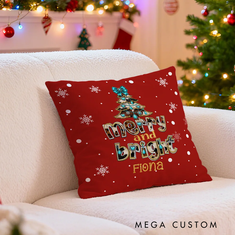 Personalized Merry and Bright Leopard Print Bow Christmas Tree Soft Throw Pillow Cover with Name Home Decor Christmas Gift for Kids Family