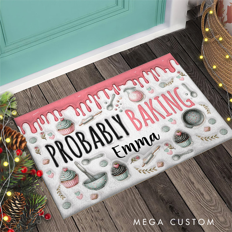 Personalized Probably Baking Doormat Custom Welcome Mat for Baker with Name Washable Non-Slip Kitchen Doormat Baking Lover Gift