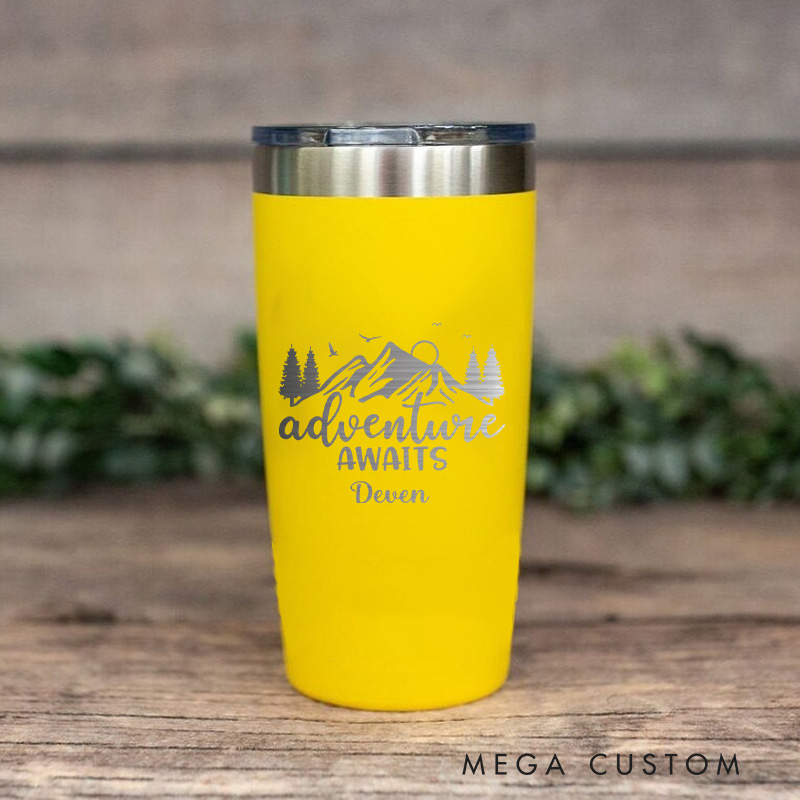 Personalized Outdoor Adventure Tumbler Adventure Awaits Coffee Tumbler Hiking Camping Mug Gift for Outdoor Lover