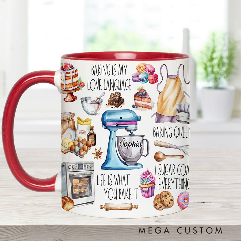 Personalized Baking Is My Love Language Mug 11oz Ceramic Baking Accent Mug with Name Coffee Cup for Baker Mom Sister Daughter Baking Lover Gift