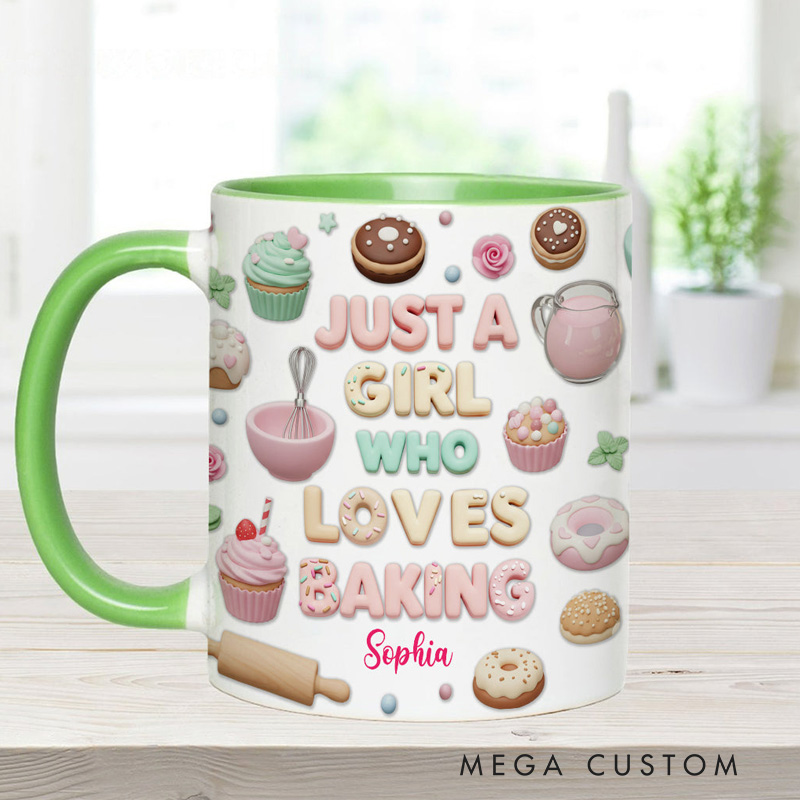 Personalized Just A Girl Who Loves Baking Mug 11oz Ceramic Baking Accent Mug with Name Coffee Cup for Baker Mom Sister Daughter Baking Lover Gift