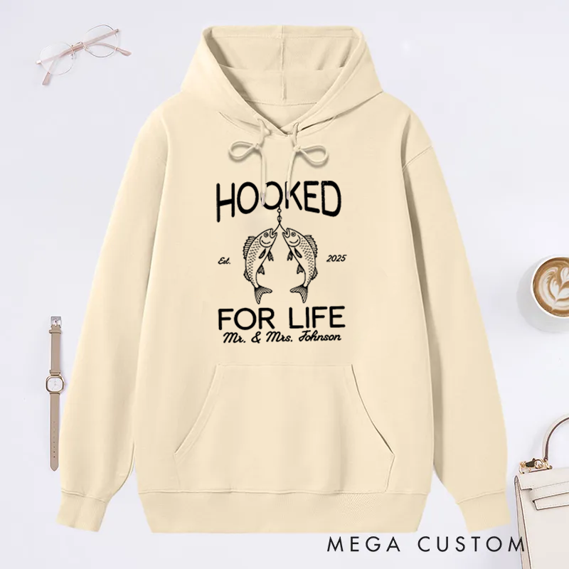 Personalized Fishing Hoodie Hooked for Life Sweatshirt Custom Names and Time Cozy Sweatshirt for Couples and Fishing Lovers