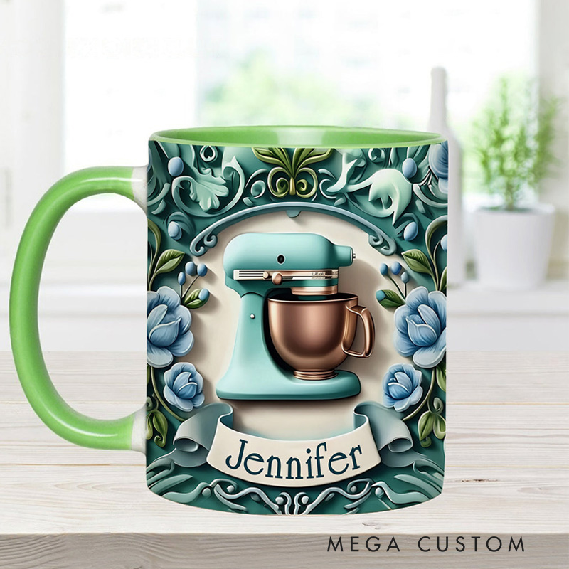 Personalized Baking Mixer Mug 11oz Ceramic Baking Accent Mug with Name Floral Coffee Cup for Baker Mom Sister Daughter Baking Lover Gift