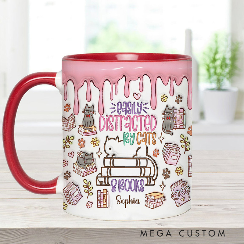 Personalized Easily Distracted By Cats and Books Mugs Custom Book Accent Mug with Name Fall Bookworm Coffee Mug for Reader Book Lover Librarian Gift