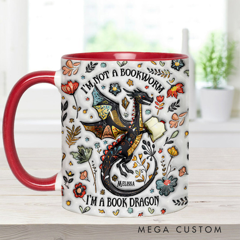 Personalized I'm Not a Book Worm I'm a Book Dragon Mugs Custom Book Accent Mug with Name Bookworm Coffee Cup for Reader Bookworm Book Lover Librarian Gift