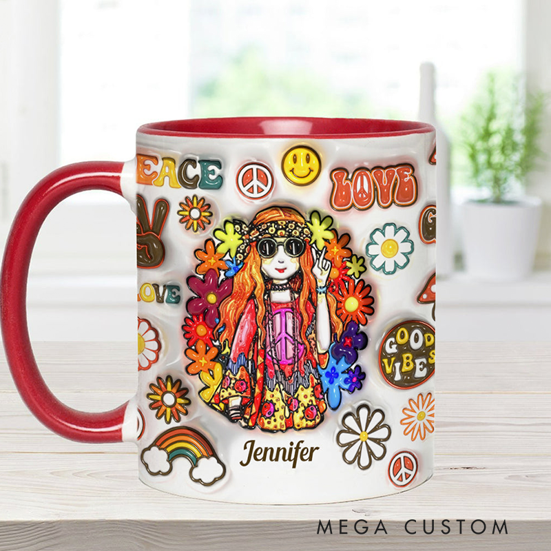 Personalized Name Hippie Accent Mug Hippie Girl Hippie Soul Peace Love Mug for Music Lover Gift