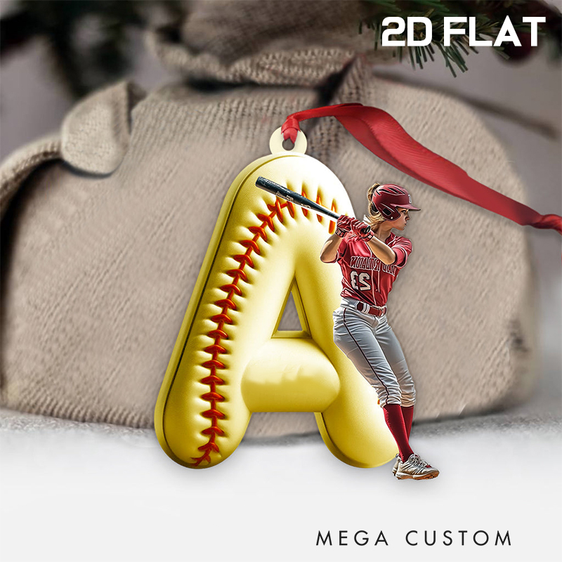 Personalized Softball Acrylic Christmas Ornament with Custom Initial and Name Design 