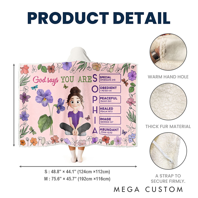 Personalized God Says You Are Cartoon Character Soft Hooded Blanket with Name Letter In Bible Home Accessory Birthday Christian Gift for Women