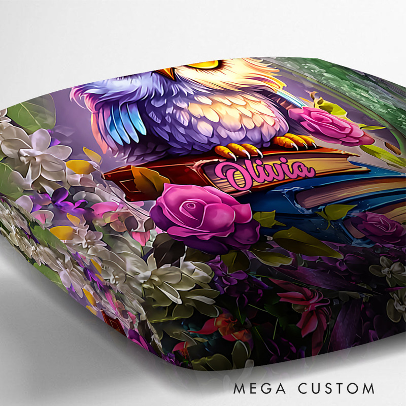 Personalized Owl Book Throw Pillow with Name Library Floral Book Pillow Cover with Names for Fantasy Book Lovers Readers Bookworm Gift