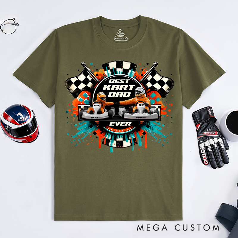 Personalized Kart Racing Dad and Kid T-Shirt Custom Names and Numbers Gift for Racing Families and Kart Lovers