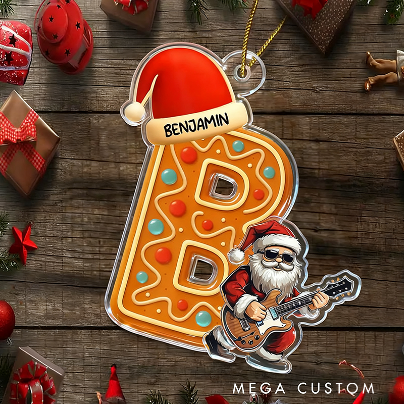 Personalized Festive Gingerbread Letters With Santa Hat Playing Guitar Custom Shaped Acrylic Ornament